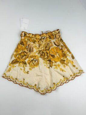 NWT Zimmermann Yellow Floral Print Linen Aliane Scallop Shorts